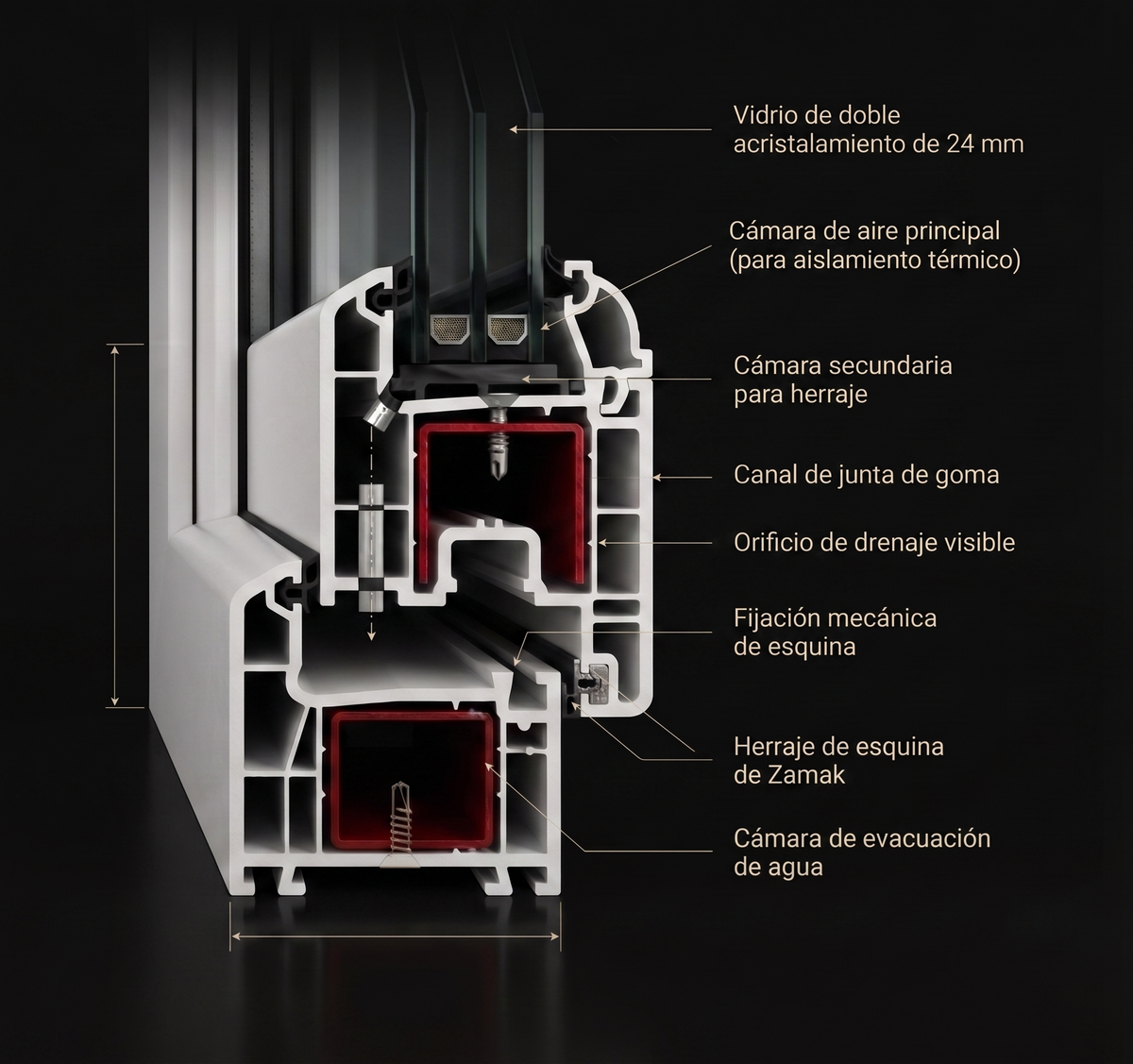 Corte transversal de termopanel de PVC serie 632 con cámaras de aislamiento Velar